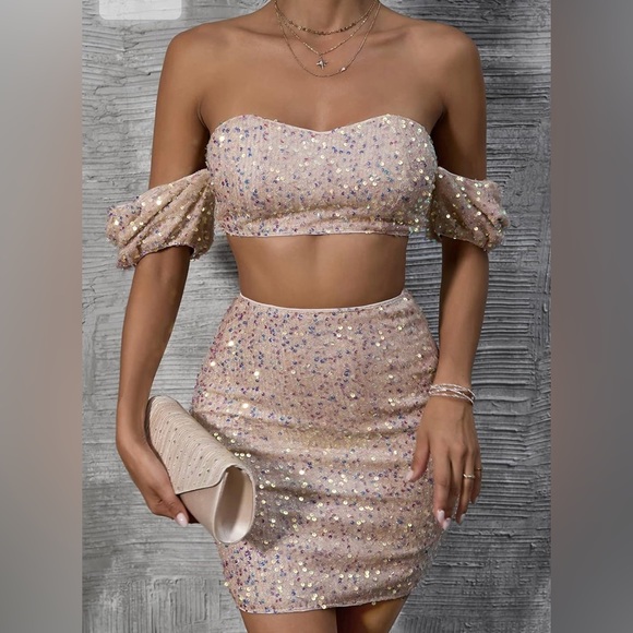 NWT Feditch Women's Sequin Two Piece Champagne  Sequin Mini Dress Size XL - Picture 2 of 16